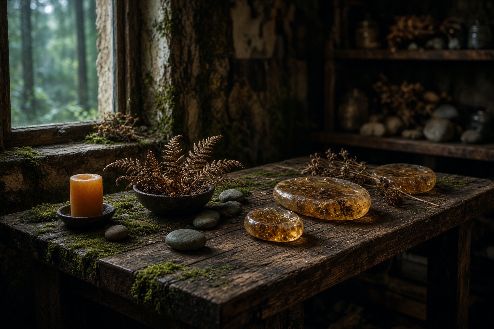 A quiet woodland studio table with candles, moss, stones, and handmade pieces