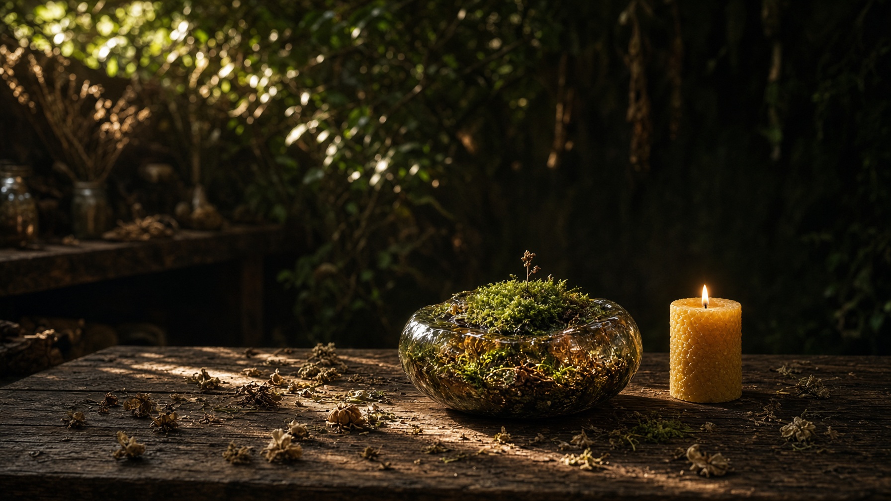 Late light falling across a studio table with a small handmade woodland piece