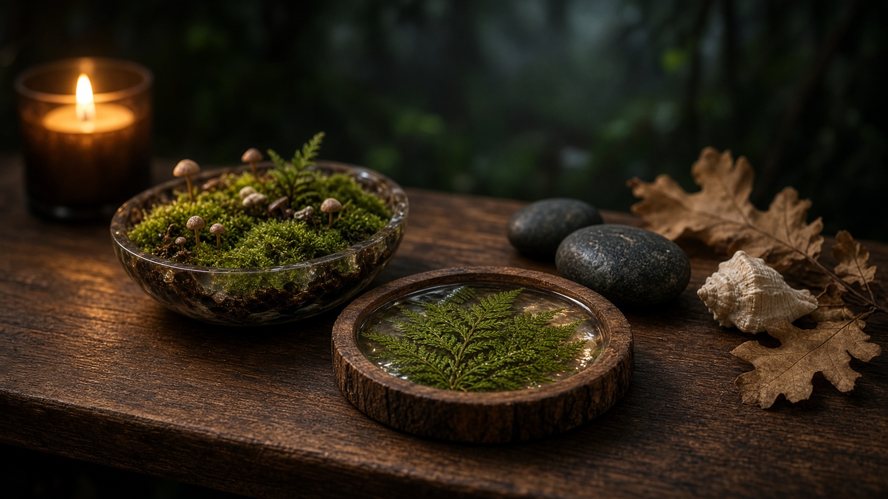 A dark wooden studio table holding small handmade woodland and shore art pieces