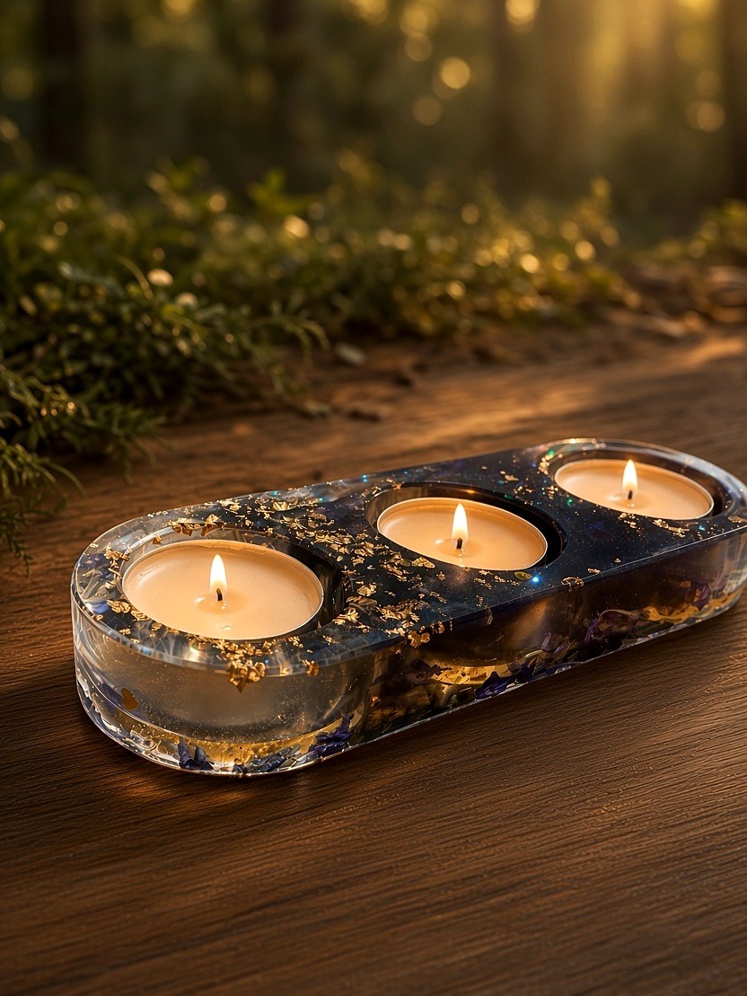 Handmade resin tray for three tealights, with gold leaf, dark night resin, and dried purple petals