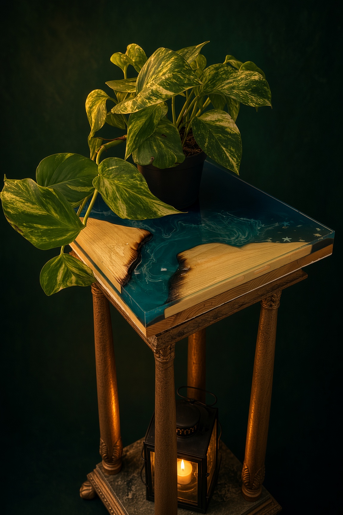 Square handmade table of pale timber meeting a still teal resin shore